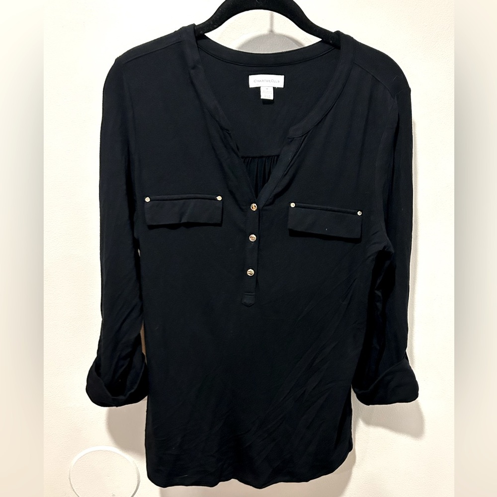 Charter Club Black Long Sleeve Henley Blouse